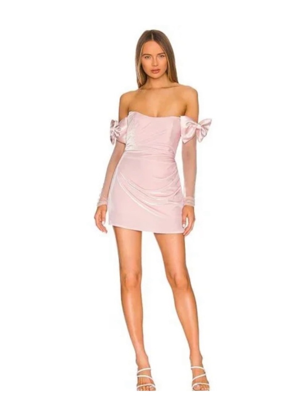 The Bar Dion Blush Pink Off-Shoulder Mini Dress with Mesh Sleeves